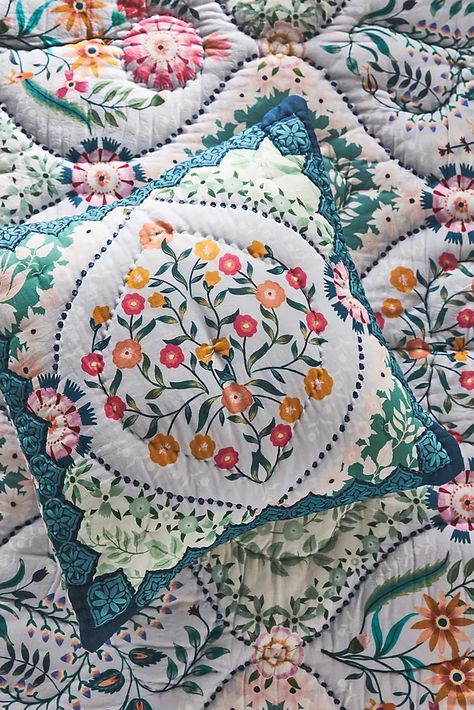 Up To 30% Off Mother's Day Gifts | Anthropologie Anthropologie Bedding, Quilted Sham, Kantha Stitch, Printed Quilt, Quilt Sets Bedding, Colorful Pillows, Quilt Bedding, Bedding Shop, Square Quilt