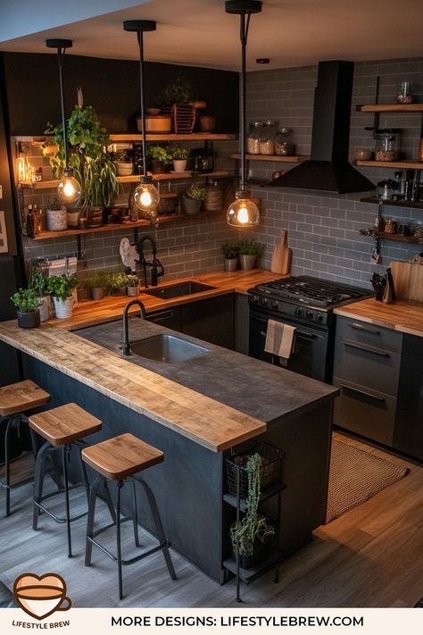 59 Industrial Style Kitchen Ideas - LifeStyle Brew Kitchen Cabinets Pallet Ideas, Industrial Tiny Kitchen, Warehouse Kitchen Industrial Style, Industrial Flat Interior, Modern Tiny House Kitchen, Industrial Interior Design Small House, Country Industrial Kitchen, Rustic Home Bar Designs, House Interior Industrial