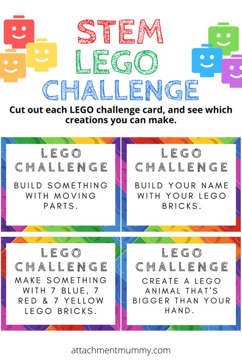 28 Day STEM LEGO Building Challenge {with printable cards} Lego Stem Challenge Cards, Homeschool Lego Activities, Printable Lego Challenge Cards, Lego Club Challenges, National Lego Day Activities, Lego Stem Kindergarten, Domino Stem Challenge Cards, Printable Stem Activities, Lego Activity Sheets Free Printable