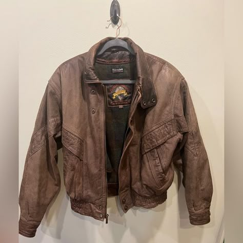 Vintage Adventure Bound brown leather jacket Leather Jacket With Pins, Brown Leather Jacket Aesthetic, Apocalypse Supplies, Worn Leather Jacket, Robin Outfit, Butch Style, Tye Sheridan, Leather Jacket Fits, Doctor Faustus