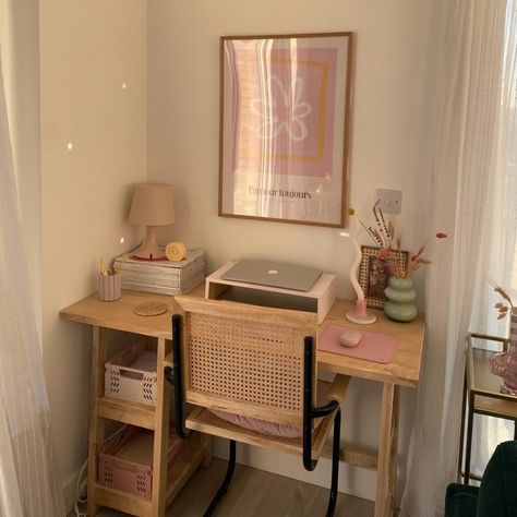 How To Refresh & Decorate Your WFH Desk Space Small Desk Workspaces, Small Desk In Small Bedroom, Desk Inspiration Small Space, Simple Desk In Bedroom, Apartment Desk Space, Working From Home Desk Setup, Dorm Room Study Table Ideas, Small Desk For Room, Small Desk Styling