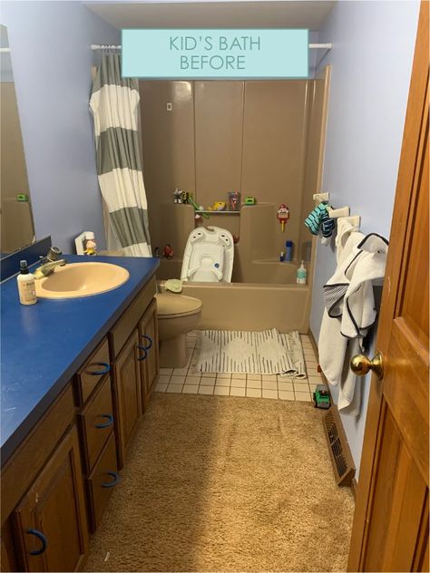 Kid's Bath Reno Reveal Part 1 — Lauren Koster Creative Kids And Guest Bathroom Ideas, Childrens Bathroom Ideas, Kids/guest Bathroom, Toddler Bathroom Ideas, Unisex Kids Bathroom Ideas, Modern Kids Bathroom Ideas, Small Kids Bathroom Ideas, Kids Bathroom Renovation, Kids Bathroom Layout