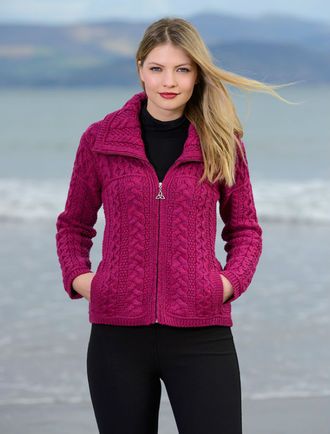 Double Collar Zip Merino Aran Cardigan - Raspberry Irish Sweaters Women, Free Aran Knitting Patterns, Irish Cardigans, Irish Sweaters, Irish Knitwear, Knitting Patterns For Women, Aran Knitting, Aran Cardigan, Aran Knitting Patterns