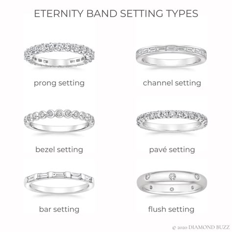 Basic Diamond Ring, Eternity Band Settings, Types Of Wedding Bands, Wedding Ring Settings, Types Of Wedding Rings, Baguette Side Stones, Cathedral Engagement Rings, Jewelry Knowledge, Ring Settings Types