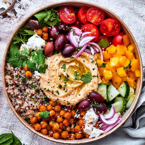 Mediterranean Bowls - The Big Man's World ® Quinoa Sushi Bowl, Meal Prep With Chickpeas, Best Quinoa Bowls, Hummus Bowl Vegan, Roasted Veggie And Chickpea Bowls, Grain And Veggie Bowls, Bowl Of Vegetables, Quinoa Dinner Bowls, Roasted Chickpeas Bowl