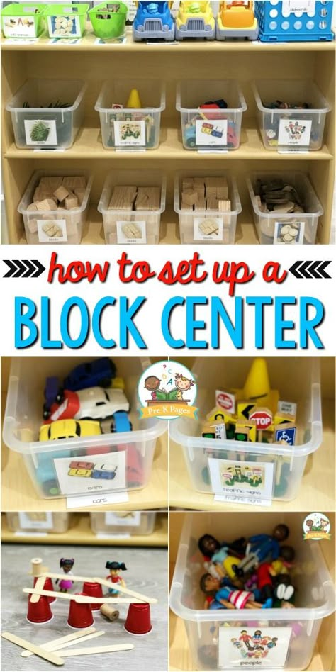 Blocks Center Set Up in Preschool Classroom Center Ideas Preschool, Center Set Up In Classroom, Preschool Stations Classroom, Preschool Class Set Up, Pre K Block Center Ideas, Interest Areas For Preschool, Construction Center Preschool, Manipulative Center Preschool, Centers Ideas For Preschool