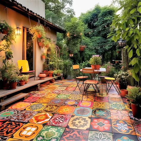 Hippie House, Colorful Tiles, Hippie Garden, Garden Floor, Hippie Homes, Mexican Home, Bohemian Lifestyle, Boho House, Outdoor Decor Backyard