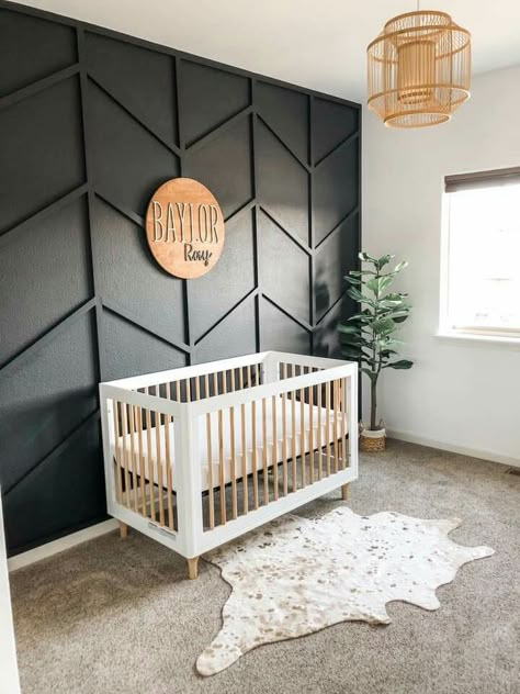 Charcoal Accent Wall Nursery, Black Wall In Nursery, Modern Black Nursery, Dark Grey Accent Wall Nursery, Modern Nursery Black Crib, Black Wall Nursery Boy, Accent Wall Baby Boy Nursery, Black Nursery Wall, Accent Walls For Nursery