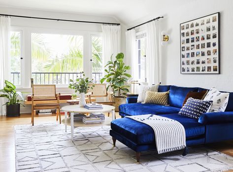 Arlyn Hernandez Makeover Takeover Living Room | Emily Henderson #interiordesign #homeaccents #style Luxe Living Room, Living Room Reveal, Blue Velvet Sofa, Corner Sofa Set, Sofa Colors, Blue Sofa, Design Del Prodotto, Living Room Makeover, A Living Room