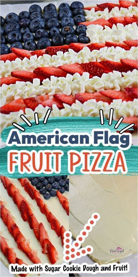 This summer, make an American flag fruit pizza from Pint-sized Treasures! This is the perfect dessert everyone will love! It's super easy to make! You can even get the kids to help! Celebrate the summer with this sweet treat! American Flag Fruit Pizza, American Flag Dessert, Flag Fruit Pizza, Fruit Pizza Frosting, 4th July Food, Easy Fruit Pizza, Fruit Pizza Sugar Cookie, Sugar Cookie Crust, Patriotic Food