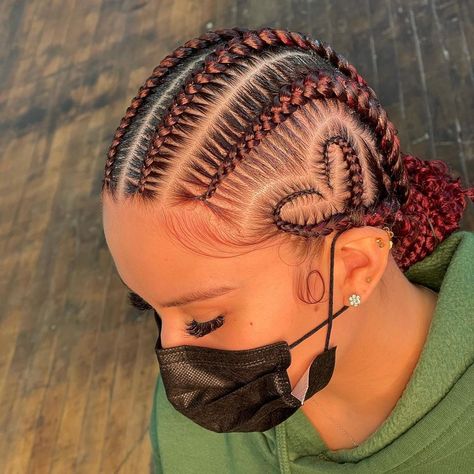 THE BRAID TECHNICIAN 🪡 on Instagram: “Book: 6 Stitch Braids , Add on heart & Curly bun💕 - - - - #stitchbraids #6braids #heartbraids #cleanparts #hairstylist #passiontwists…” Straight Back Braids, Bun With Curls, Braided Cornrow Hairstyles, Stitch Braids, Small Braids, Braided Ponytail Hairstyles, Feed In Braid, Braids With Curls, Cornrow