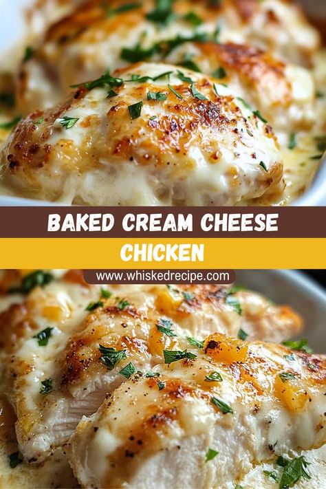 Get ready for the ultimate comfort food with this Baked Cream Cheese Chicken! With a creamy sauce made from cream cheese, garlic, and Parmesan, this baked chicken comes out juicy and flavorful every time. Perfect for weeknight dinners or a cozy weekend meal. Easy Chicken Oven Dinner Recipes, Baked Chicken Recipes With Sauce, Baked Chicken And Cream Cheese Recipes, Bbq Cream Cheese Chicken, Baked Chicken With Cream Cheese Recipes, Baked Chicken Recipes Cheese, Easy Cheesy Chicken Recipes, Chive And Onion Cream Cheese Chicken, Baked Cream Cheese Chicken Recipes