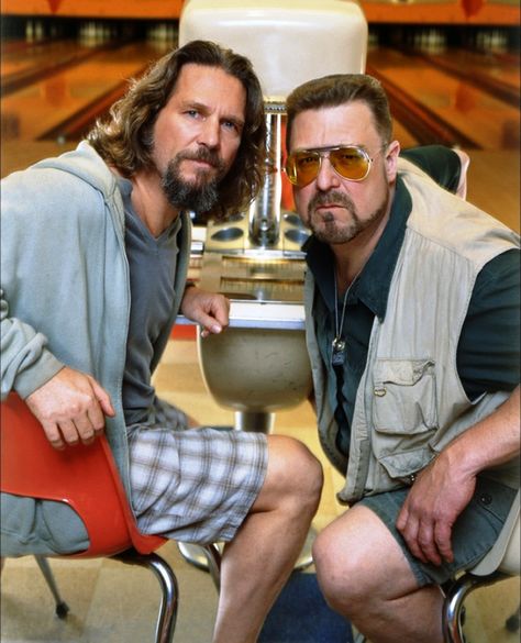 "The Big Lebowski" promo still, 1998.  L to R: Jeff Bridges, John Goodman.  In 2002, the "Lebowski Fest" began in Louisville, KY (all-night bowling, costume and trivia contests), expanded to several other cities, and several events have attracted cast members of the movie - John Turturro once showed up as Jesus Quintana!  The film even has its own religion: Dudeism.com! John Goodman, Fritz Lang, Volvo 850, Cinema Art, Jeff Bridges, Septième Art, Big Lebowski, I Love Cinema, Bowling Alley