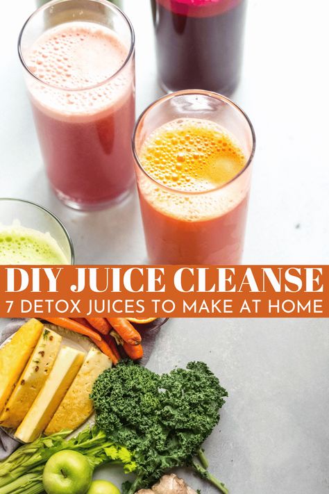 These 7 Healthy Juicing Recipes will help boost your energy, detox your body and aid with weight loss. // juice fast // juice recipes // diy juice cleanse // detox juices Clean Juice Smoothie Recipes, Juicing Detox Cleanse 3 Day, 7 Days Juice Cleanse Recipes, Detox Juices For A Week, Detox Juice Cleanse Recipes, Juicing Recipes For Healthy Gut, Detox Recipes Drinks, Juicing Fast Plan, Detox Juicing Recipes