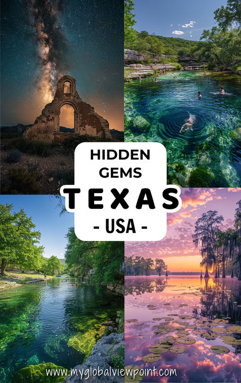 Four images of hidden gems in Texas, including stunning night sky over a historic ruin, serene swimming in crystal-clear waters, scenic lakeside views, and enchanting sunsets in Texas. Texas Must See Places, Texas Travel Places To Visit, Texas Places To Visit, Texas Things To Do, Texas Road Trips, Texas Trip, Texas Pictures, Texas Vacation Ideas, Texas Road Trip