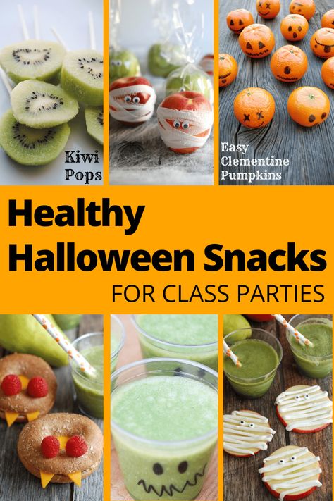 16 Healthy Halloween Snacks for Class Parties (Fun Simple!) Healthy Halloween Goodie Bags, Healthy Halloween Classroom Snacks, Easy Halloween Snacks Healthy, Halloween Healthy Snacks School Parties, Halloween Snacks Healthy Kids, Healthy Halloween Party Snacks, Halloween Heathy Snacks, Halloween Party Healthy Snacks, Halloween Healthy Snack Ideas