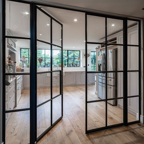 Crittall windows Black Steel Doors, Crittall Windows, Crittal Doors, Squash Court, A House Design, Interior Screen, Exterior Balcony, Entrance Hall Decor, Crittal Windows