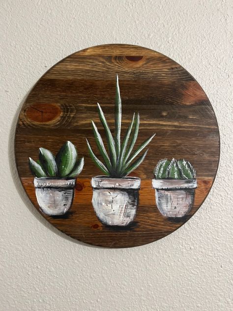 Round Paintings, Round Cactus, Boho Cactus, Cactus Painting, Wood Rounds, Wood Board, Painted Wood, Painting On Wood, Planter Pots