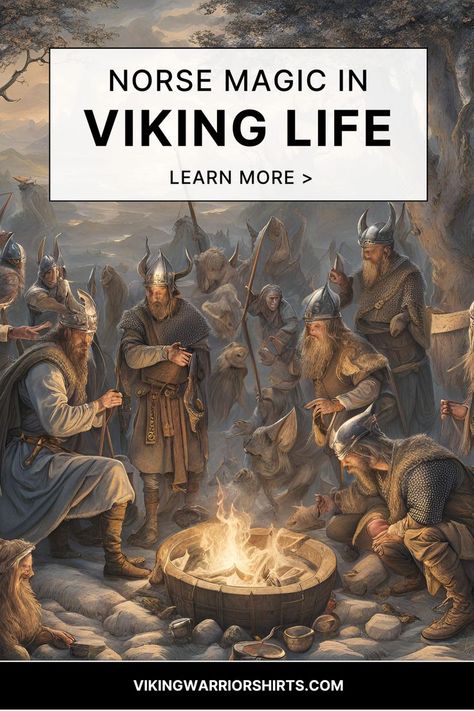 Detailed artwork of Vikings around a campfire, highlighting Norse magic in Viking life, with a 'Learn More' call to action. Viking Magic, Viking Horn, Viking Life, Viking Women, Norse Pagan, Viking Clothing, Viking Culture, Viking History, Norse Vikings