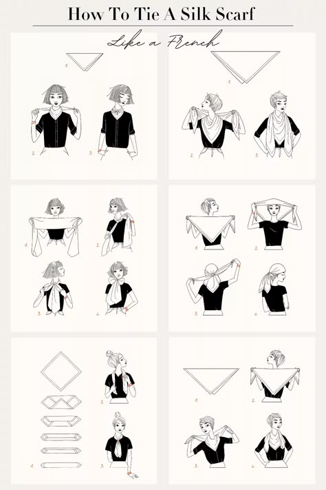 how to tie a silk scarf like a french woman Gentlewoman Style Outfits, Scarf Tips, How To Tie A Scarf Like A Parisian, How To Style Hermes Scarf, Silk Scarf Tie, How To Tie A Silk Scarf, How To Wear A Silk Scarf Outfits, Silk Scarf Aesthetic, Hermes Scarf How To Wear