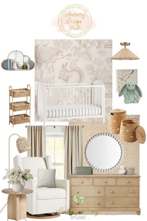 Woodland nursery inspiratiom Beige Nursery Ideas, Enchanted Forest Nursery, Nursery Design Board, Beige Nursery, Woodland Nursery Girl, Whimsical Nursery, Church Nursery, Woodland Nursery Theme, Baby Boy Room Decor