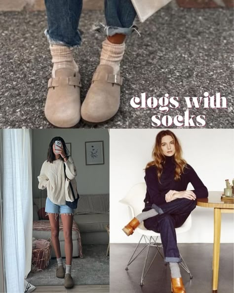 Clogs Outfit Summer Street Style, How To Style Clogs With Socks, How To Wear Clogs With Jeans 2023, Boston Clogs With Socks Outfit, Birkenstock Clogs Socks, Clogs Spring Outfit, Fur Lined Clogs Outfit, Socks For Birkenstock Clogs, Rothy’s Clogs