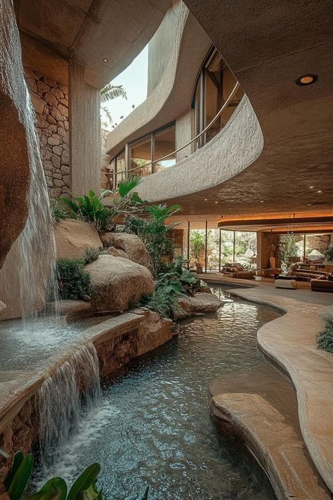 Desert Oasis Architecture, Earthy Mansion, Luxury Mansion Backyard, Crazy House Ideas, Luxury Garden Mansions, Hotel Garden Design, Nature Mansion, Cool Home Features, Indoor House Garden