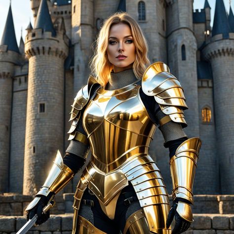 Female knight in tight golden steel plate armor shining ste... by face book - Playground Full Plate Armor Female, Female Armor Dress, Armor Female, Female Knights, Golden Armor, Knight Warrior, Gold Armor, Armor Dress, Plate Armor