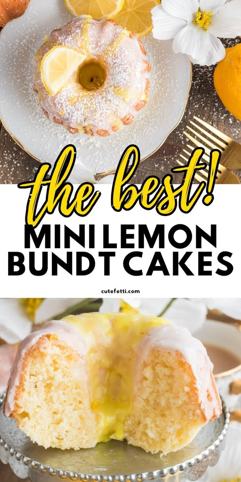 These Mini Lemon Bundt Cakes are the perfect combination of tangy and sweet! The soft and buttery cake, with bits of lemon zest, is topped with a simple and sweet lemon glaze. They are great for a fancy dessert table or as gifts. Plus, they're incredibly easy to make with basic pantry ingredients! Pineapple Mini Bundt Cakes, Mini Bundt Cake Pans, Nothing Bundt Cake Copycat Recipes, Mini Rum Bundt Cakes Recipe, Miniature Bundt Cakes, Mini Cream Cheese Pound Cakes, Decorating Mini Bundt Cakes, Baby Bundt Cakes, Mini Spice Cakes