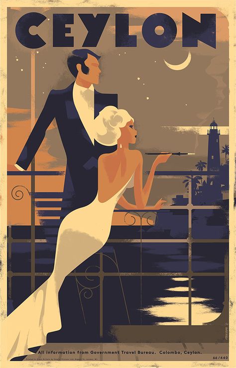 Ceylon - Galle by Mads Berg Art Deco Posters Illustrations, Prom Poster, Gatsby Design, Mads Berg, Arte Art Deco, Art Deco Advertising, Galle Fort, Art Deco Travel Posters, Poster Art Deco