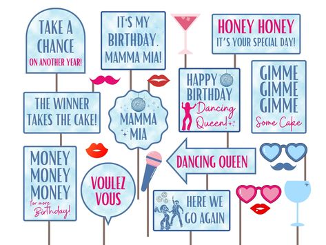 Mama Mia Photo Booth, Mamma Mia Birthday Party Food, Abba Party Ideas, Mamma Mia Party Games, Mamma Mia Photo Booth, Mamma Mia Decorations, Mamma Mia Birthday Party 17, Mama Mia Birthday Party, Mamma Mia Themed Birthday Party