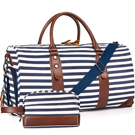 Amazon.com | Oflamn 21" Weekender Bags Canvas Leather Duffle Bag Overnight Travel Carry On Tote Bag with Luggage Sleeve (Blue/White Striped) | Travel Duffels Canvas Duffel Bag, Canvas Weekender Bag, Carry On Tote, Weekender Bags, Sac Week End, Leather Duffle Bag, Bag Essentials, Leather Duffle, Weekend Bag