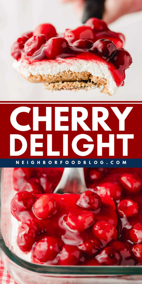 Cherry Delight is a super easy, no bake dessert made with a graham cracker crust, cream cheese filling, and cherry pie filling. You can make this dessert in about 20 minutes! Cherry Delight Recipe, Easy Food To Cook, Cherry Delight Dessert, Crazy Cake Recipes, Simple Cooking Recipes, Best Coleslaw, 21 Day Fix Desserts, Food For Picky Eaters, Best Coleslaw Recipe