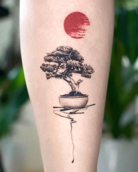 72 Awe-inspiring Tree Tattoos With Meaning - Our Mindful Life Tree With Words Tattoo, 4 Season Tattoo Ideas, Bonsai Tree Tattoo Men, Half Tree Tattoo, Asian Tree Tattoo, Japanese Painting Tattoo, Nature Based Tattoos, Bonzi Trees Tattoo, Tree Tattoo Sleeve Women