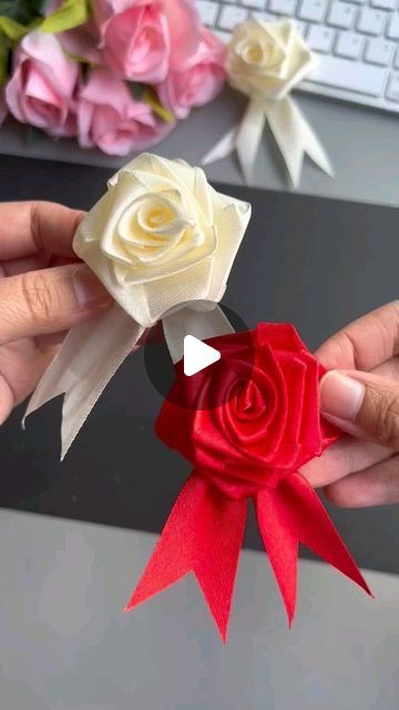 Rose Flower Making With Ribbon, How To Tie Ribbon On Bouquet, How To Make Rose With Ribbon, How To Make Roses Out Of Ribbon, Ribbon Art Diy, How To Make A Rose Out Of Ribbon, How To Make Ribbon Roses, Flower From Ribbon, Rose With Ribbon