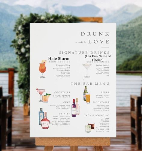 Cocktails Menu For Wedding, His Hers Theirs Cocktail Sign, Cute Wedding Bar Signs, Custom Bar Menu Wedding, Cocktail Stand Wedding, Bar Menu Inspiration, Couples Cocktails Wedding, Her Cocktail Wedding, Wedding Milkshake Bar