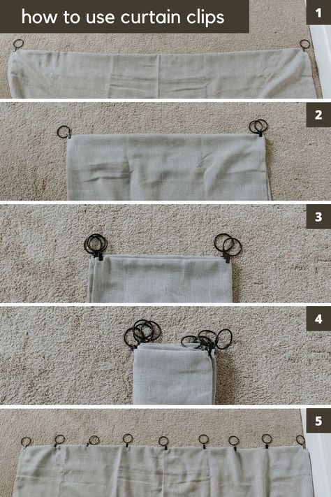 Curtain Rod Rings With Clips, Rod Pocket Curtains With Rings, How To Clip Curtain Rings, Diy Living Room Curtains Ideas, Ring Clip Curtains, Diy Black Curtain Rod, How To Hang Curtains With Clips Rings, How To Attach Curtain Rings To Curtains, How To Use Curtain Clips