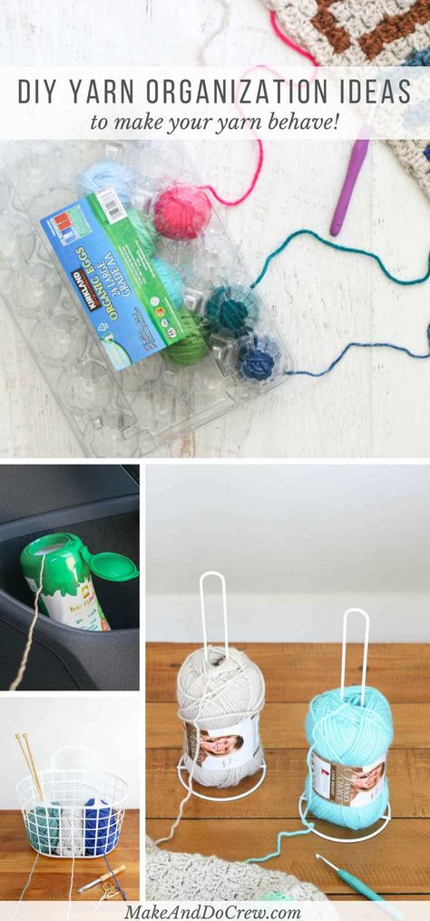 These DIY yarn holder ideas made from simple household objects will help you spend more time crocheting or knitting and less time untangling yarn! via @makeanddocrew Diy Yarn Organizer, Yarn Organization Ideas, Diy Yarn Holder, Yarn Holders, Crochet Yarn Holder, Make And Do Crew, Yarn Winder, Yarn Organization, Knitting Hacks