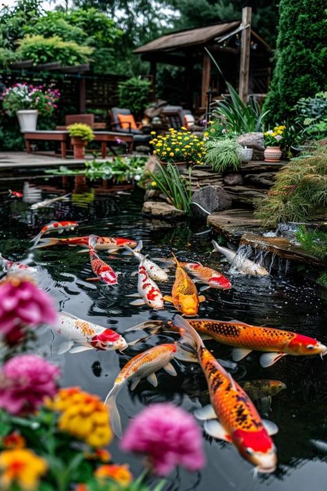 Koi Fish Pond Ideas for Serene Backyard Retreats Coy Pond Aesthetic, Koi Pond House, Beautiful Koi Ponds, Small Coy Pond, Koi Carp Pond, Coy Fish Pond Backyard, Home Koi Pond, Koi Pond Plants, Coy Pond Ideas Backyards