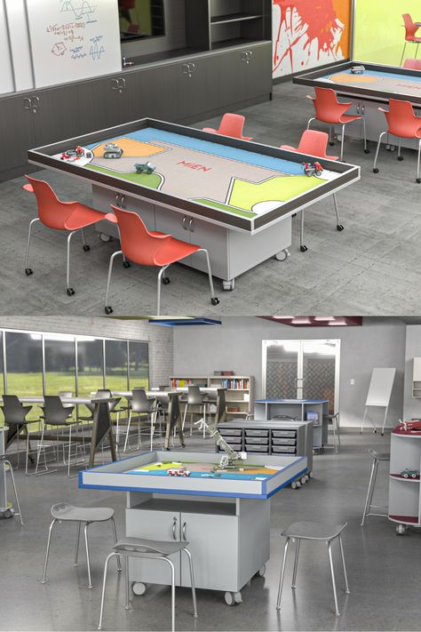 Choose from a variety of heights and widths for a robotics table that suits a wide range of classrooms, makerspaces, or a STEM/STEAM learning spaces. #MiEN #Education #SchoolFurniture #Innovation #21stcenturylearning #Collaboration #k12 #LearningSpaces #FlexibleSeating #makerspace #robitics #esports Robotics Room School, Robotics Classroom Design, Robotic Classroom Design, Steam Lab Design, Future Classroom Design, Stem Classroom Design, Maker Space Design, Robotics Classroom, Stem Lab Design