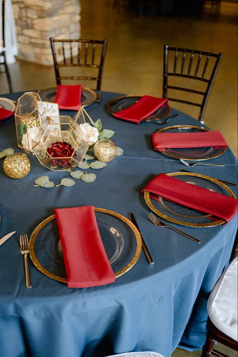 Navy Blue And Red Wedding Theme Table Settings, Burgundy And Navy Wedding Table Setting, Navy Blue Wedding Table, Maroon Wedding Colors, Red Table Settings, Silver Wedding Centerpieces, Red White Decor, Blue Wedding Table, Navy Tablecloth