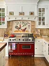 French Stove, Red Appliances, Viking Stove, French Style Kitchen, French Country Ideas, Trendy Kitchen Backsplash, Double Ovens, Country Ideas, Vintage Stoves