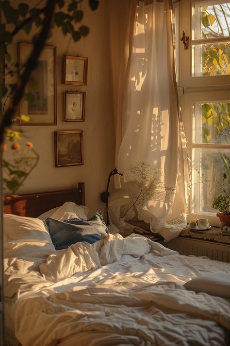 Beautiful Room Aesthetic, Bedroom Ideas Aesthetic Cozy Vintage, Interesting House Ideas, Cozy Cool Bedroom, Warm Room Aesthetic Vintage, Minimalist Bedroom Cottagecore, Country Aesthetic Bedroom Ideas, Cozy Light Academia Bedroom, Natural Aesthetic Bedroom