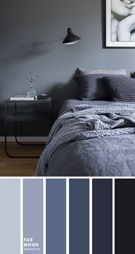 Bedroom color scheme ideas will help you to add harmonious shades to your home which give variety and feelings of calm. From beautiful wall colors... Blue Gray Bedroom Colors, Grey Colour Scheme Bedroom, Grey Bedroom Colors, Blue Gray Bedroom, Blue Bedroom Walls, Dark Blue Bedrooms, Gray Walls, Bedroom Wall Designs, Bedroom Wall Colors