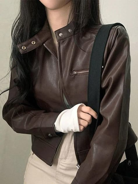 Classy Winter Coat, Zip Up Leather Jacket, Preppy Fabric, 90s Fashion Grunge, Academia Clothes, Fairycore Clothes, Collar Neck, Clothes Aesthetic, Biker Leather