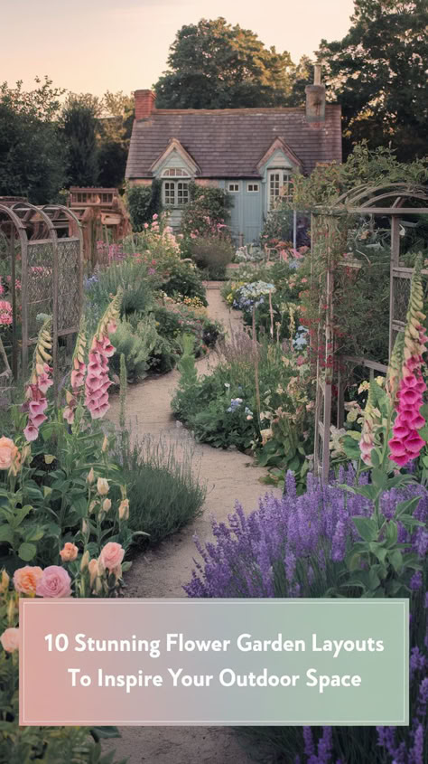 "Transform your outdoor space with these 10 stunning flower garden layouts! From cottage gardens to Zen retreats, discover beautiful and easy-to-create designs that will enhance your garden's beauty. Learn how to attract pollinators, create low-maintenance gardens, and incorporate vibrant flowers and unique plants. Perfect for anyone looking to add color, fragrance, and charm to their backyard. Get inspired with these garden ideas and start planning your dream garden today!" Garden Layout Inspiration, Walled Garden Layout, Enchanting Gardens Backyard, Small Floral Garden Ideas, Wildlife Garden Design Layout, Large Flower Garden Layout, How To Design A Garden Landscaping, Cottage Garden Low Maintenance, Cottage Garden Planting Scheme