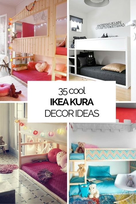 Some nice ideas to decorate a kids' room with IKEA KURA beds. They are cheap and awesome! Overbed Storage, Ikea Children, Ikea Loft, Ikea Loft Bed, Bed Ikea, Ikea Kura Bed, Murphy Bed Ikea, Storage Ikea, Beds Ideas