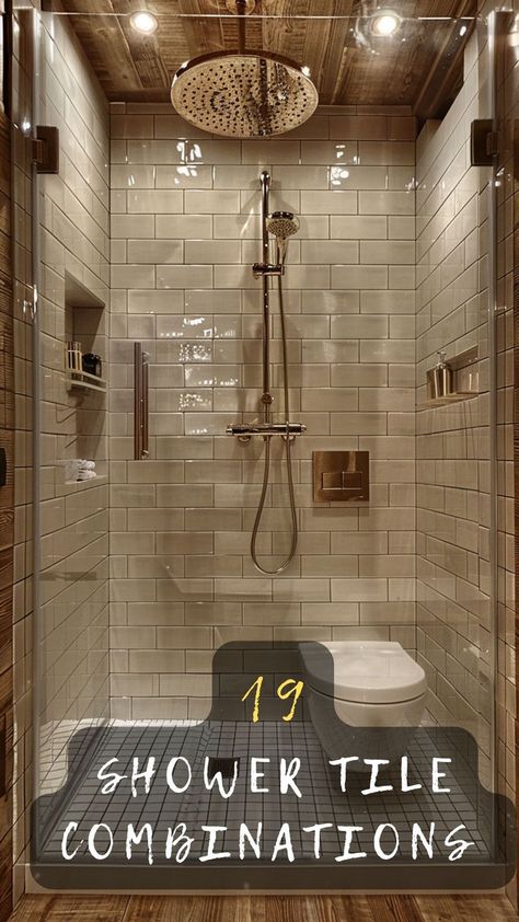 Transform your shower space with these 19 tile combinations. Click to get inspired and see how you can mix and match tiles for a stunning bathroom makeover! 🛁🌟 #BathroomRemodel #ShowerTiles #HomeRenovation #InteriorDesign #BathroomInspo Tile Shower Ceiling Ideas, Dark Shower Tile Ideas Master Bathrooms, Non Glass Shower Ideas, Tiled Showers With Accent Tiles, Shower Pattern Tile Ideas, Timeless Walk In Shower Tile, Earth Tone Shower Tile, Traditional Tile Bathroom, Brown Grey Tile Bathroom