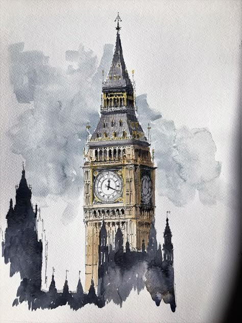 Big Ben Drawing, Elizabeth Tower, London Painting, Architecture Drawing Sketchbooks, Watercolor Architecture, Big Ben London, Urban Sketch, Architecture Drawing Art, Architecture Painting