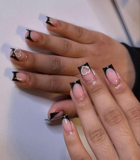 Short Black Tapered Square Nails, Nails Short Acrylic Black, Short Grad Nails, Short Square Black French Tip Nails Designs, Short Black French Tip Nails With Charms, Boujee Short Nails, Black Short Acrylics, Short French Tip Acrylic Nails Black, Shorties Nails Black